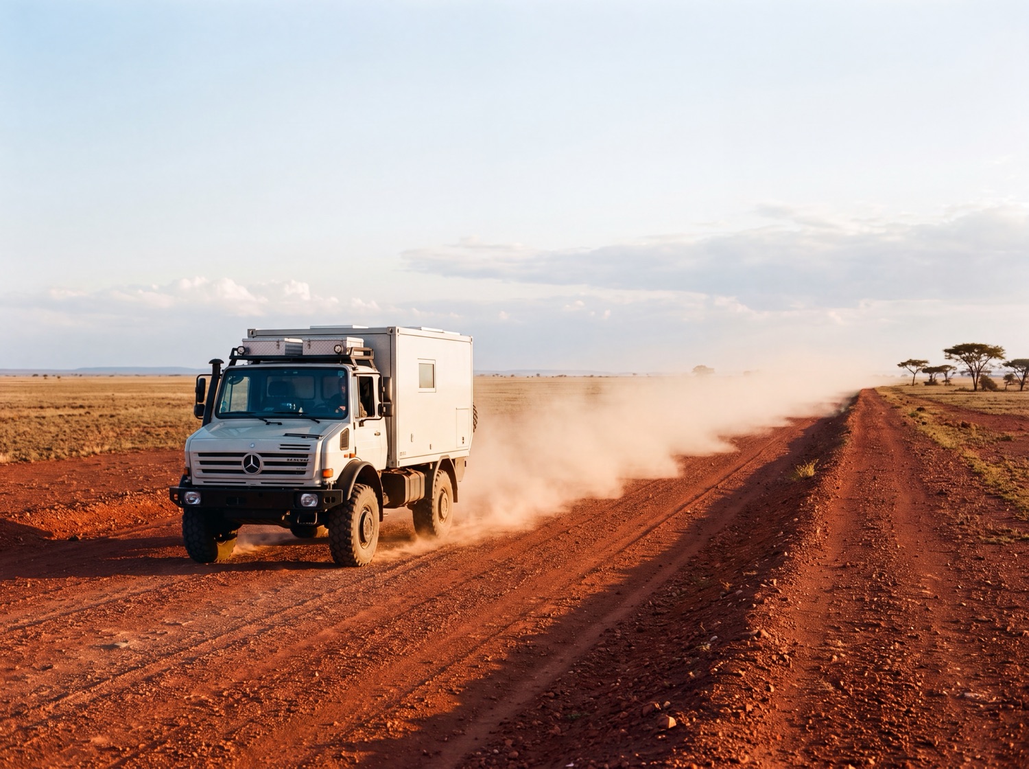 A Unimog expedition truck travels a red-gravel road to the horizon across an African plain, dust hanging behind it.
