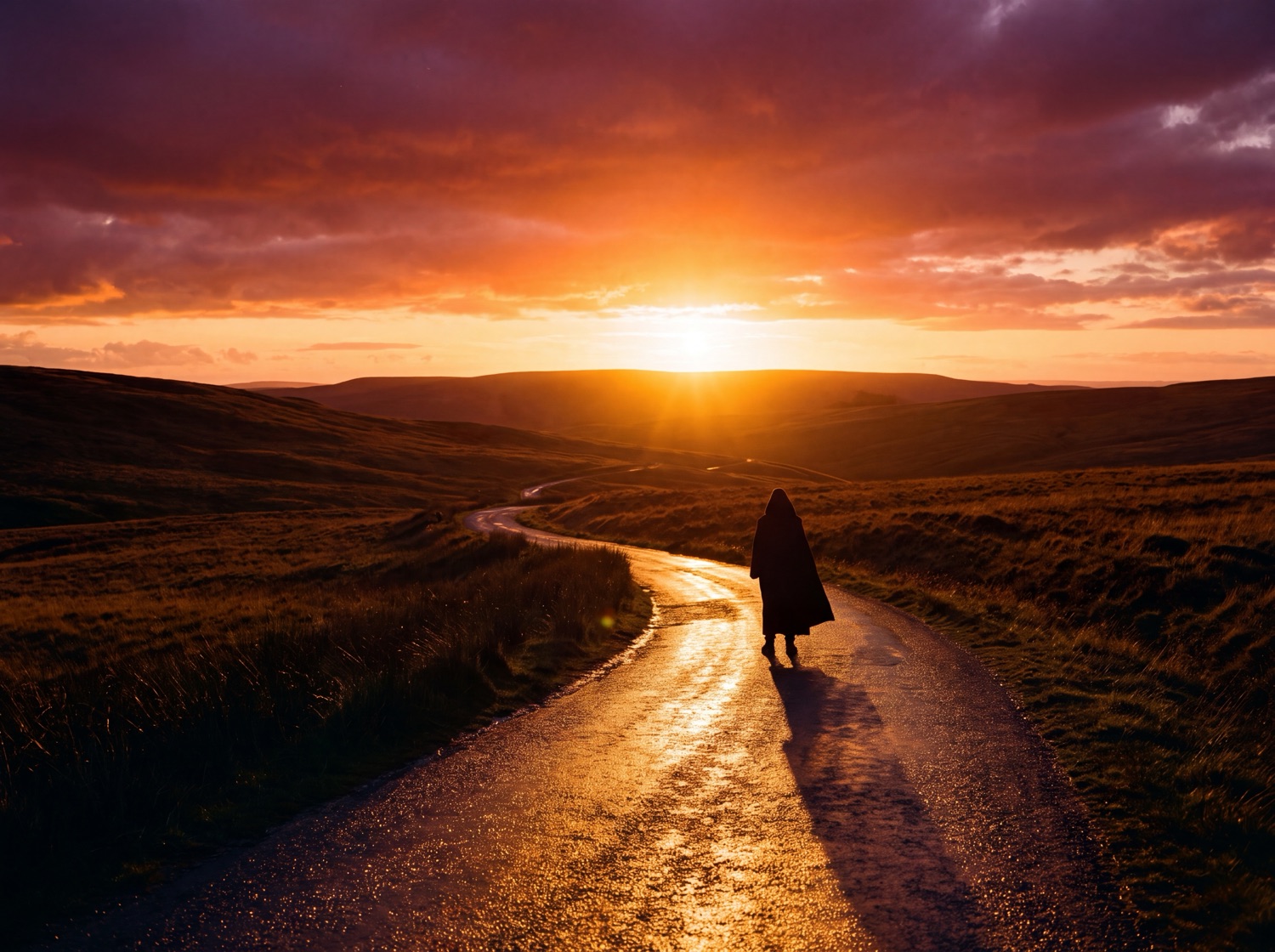 A lone figure in silhouette on a long winding road that gleams gold where the low setting sun rakes across it.