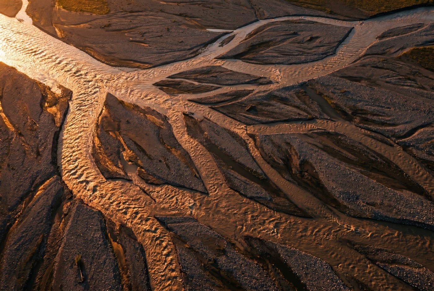 An aerial view of a braided river splitting and rejoining across a plain in golden light.